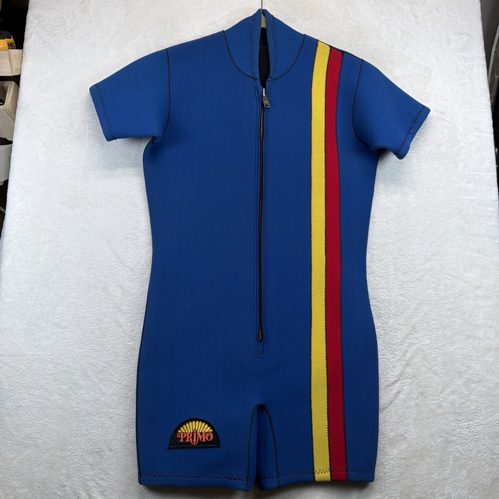 Vintage Primo Shorty Wetsuit Blue Neoprene Front Zip Surf Dive Springsuit